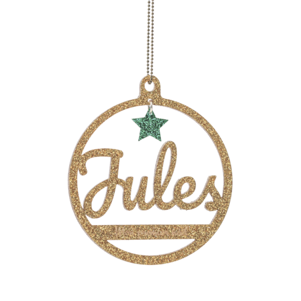 Boule de Noël en plexiglass avec prénom en doré pailleté ou autre couleur avec en option l’étoile